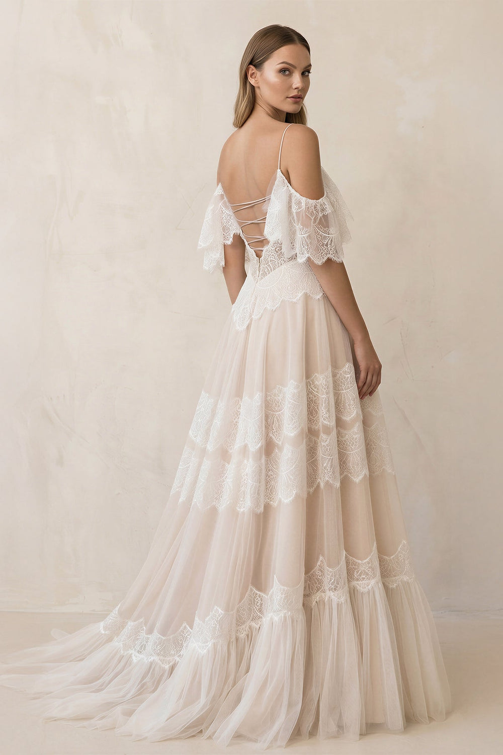 A Line Spaghetti Straps Backless Lace Wedding Dress - SHE IS ME Wedding Dresses