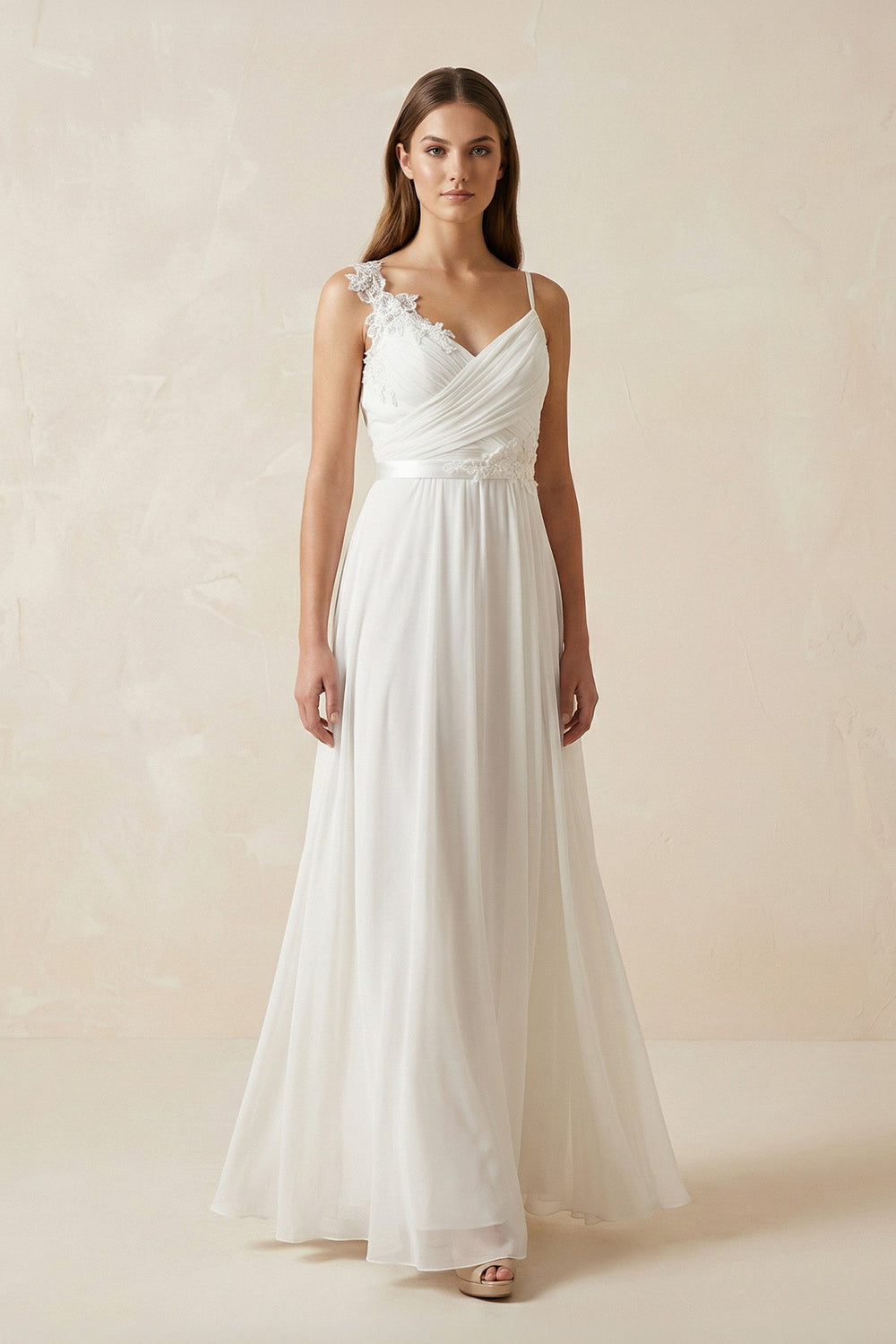 A - Line Spaghetti - Straps Chiffon Wedding Dress With Appliques in White - SHE IS ME Wedding Dresses