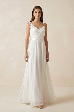 A - Line Spaghetti - Straps Chiffon Wedding Dress With Appliques in White - SHE IS ME Wedding Dresses
