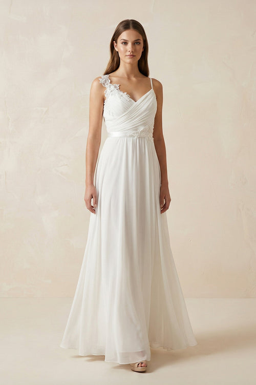 A - Line Spaghetti - Straps Chiffon Wedding Dress With Appliques in White - SHE IS ME Wedding Dresses