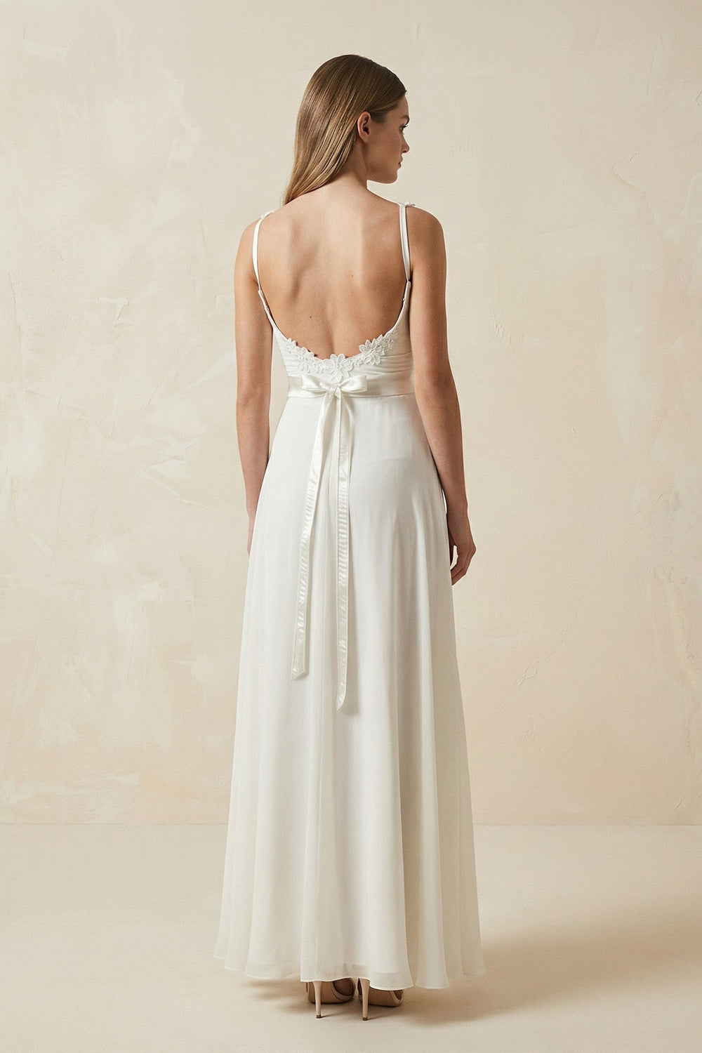 A - Line Spaghetti - Straps Chiffon Wedding Dress With Appliques in White - SHE IS ME Wedding Dresses
