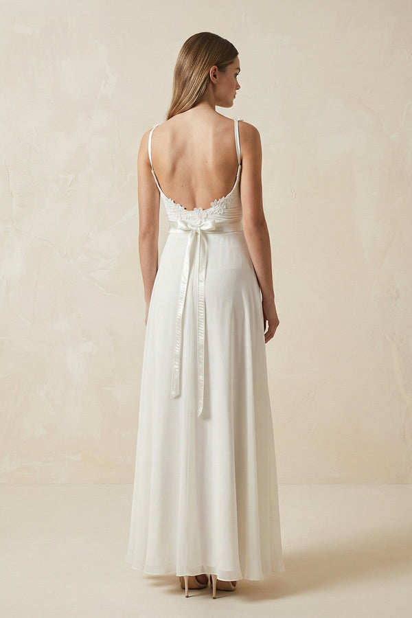 A - Line Spaghetti - Straps Chiffon Wedding Dress With Appliques in White - SHE IS ME Wedding Dresses