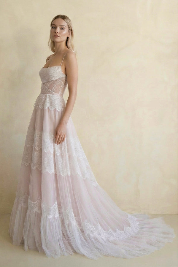 A Line Spaghetti Straps Lace Wedding Dress - SHE IS ME Wedding Dresses