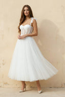 A Line Spaghetti Straps Tulle Wedding Dress in White - SHE IS ME Wedding Dresses