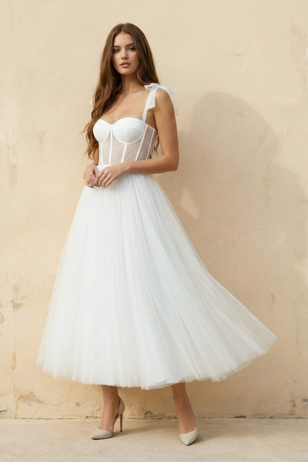 A Line Spaghetti Straps Tulle Wedding Dress in White - SHE IS ME WEDDING DRESSES
