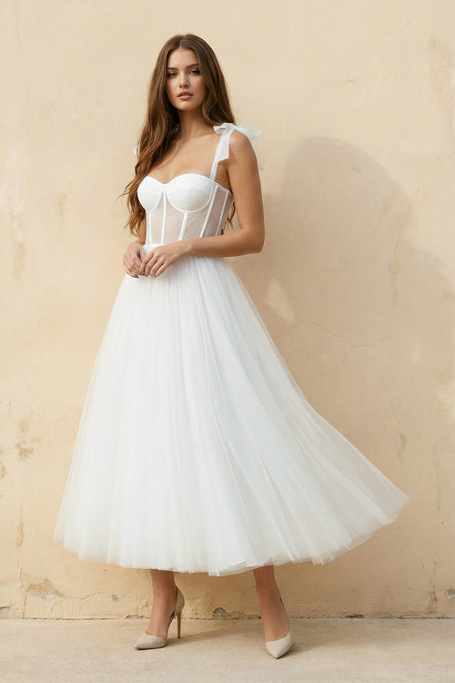 A Line Spaghetti Straps Tulle Wedding Dress in White - SHE IS ME WEDDING DRESSES
