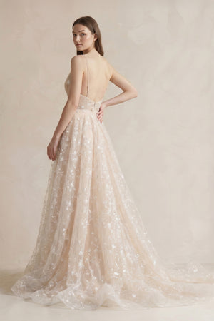 A Line Spaghetti Straps Wedding Dress in Champagne - SHE IS ME Wedding Dresses