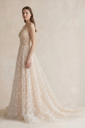A Line Spaghetti Straps Wedding Dress in Champagne - SHE IS ME Wedding Dresses
