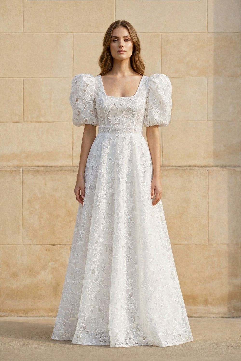 A Line Square Neck Lace Wedding Dress in White - SHE IS ME Wedding Dresses