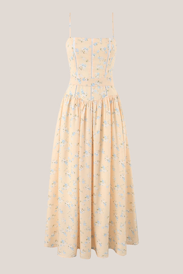 A - Line Square Neck Warm Rose Print Cotton Midi Dress in Yellow - SHE IS ME Dresses