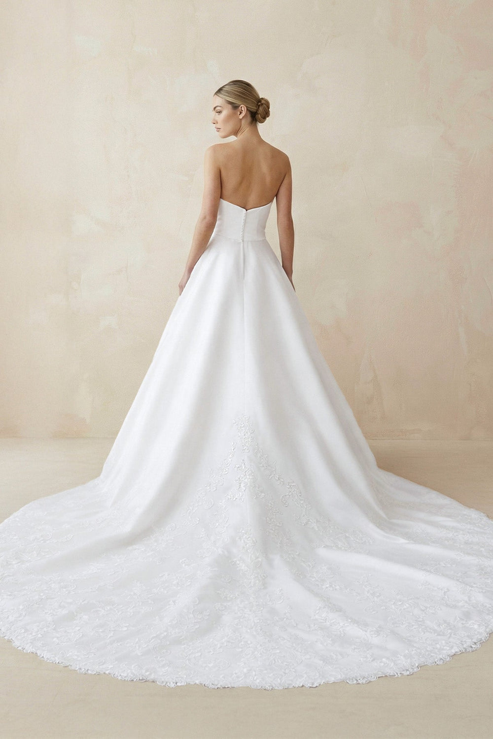 A - Line Strapless Satin Sweep Train Wedding Dresses in White - SHE IS ME Wedding Dresses
