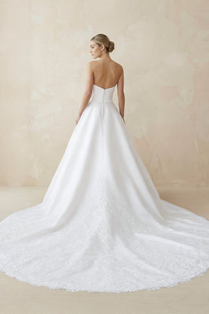 A - Line Strapless Satin Sweep Train Wedding Dresses in White - SHE IS ME Wedding Dresses