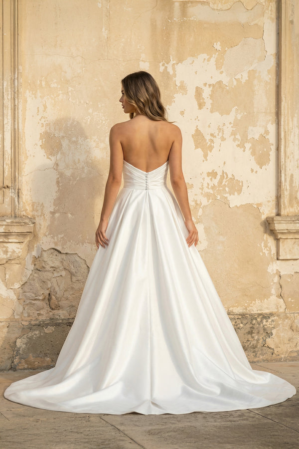 A Line Strapless Satin Wedding Dress With Slit in White - SHE IS ME WEDDING DRESSES