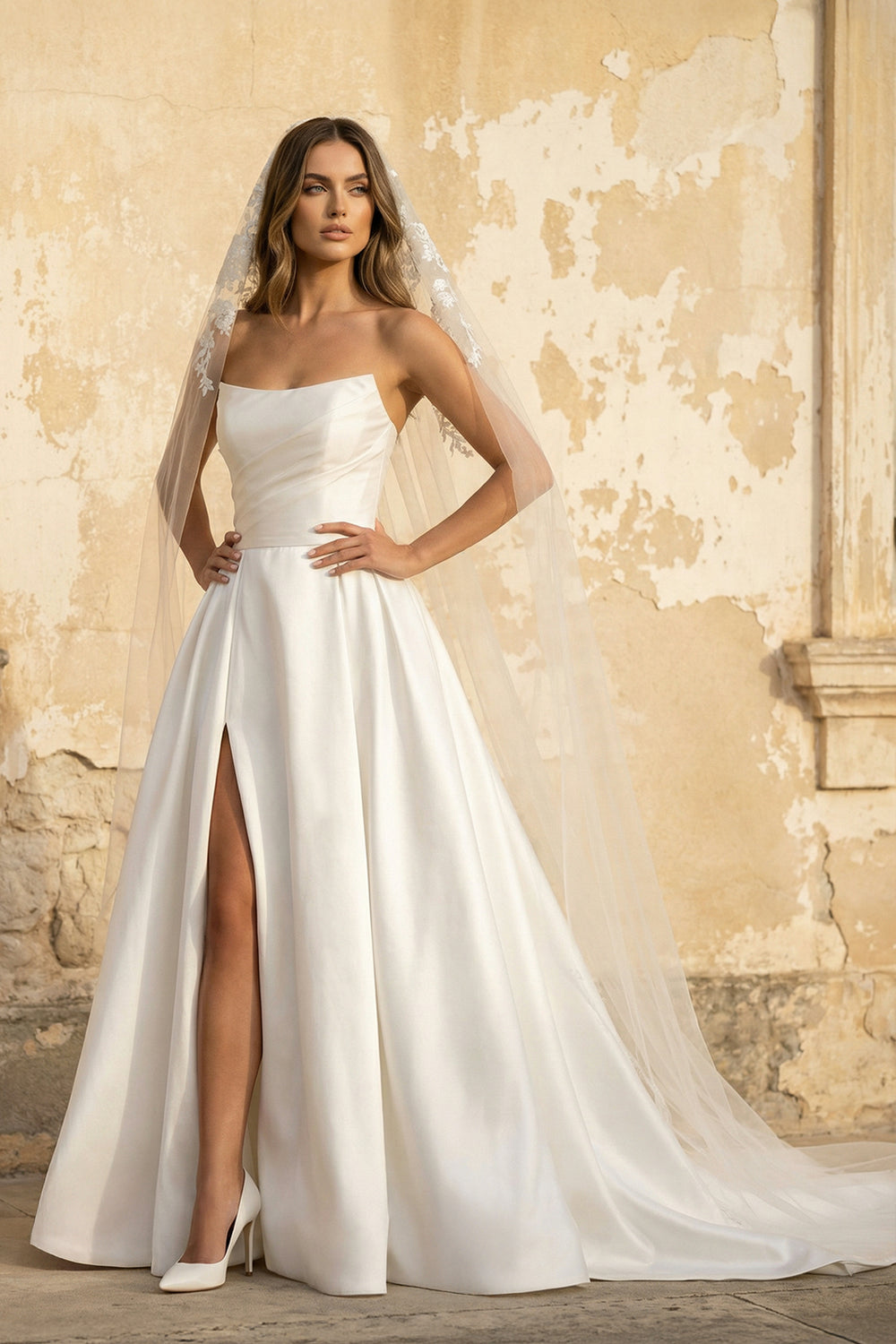 A Line Strapless Satin Wedding Dress With Slit in White - SHE IS ME WEDDING DRESSES