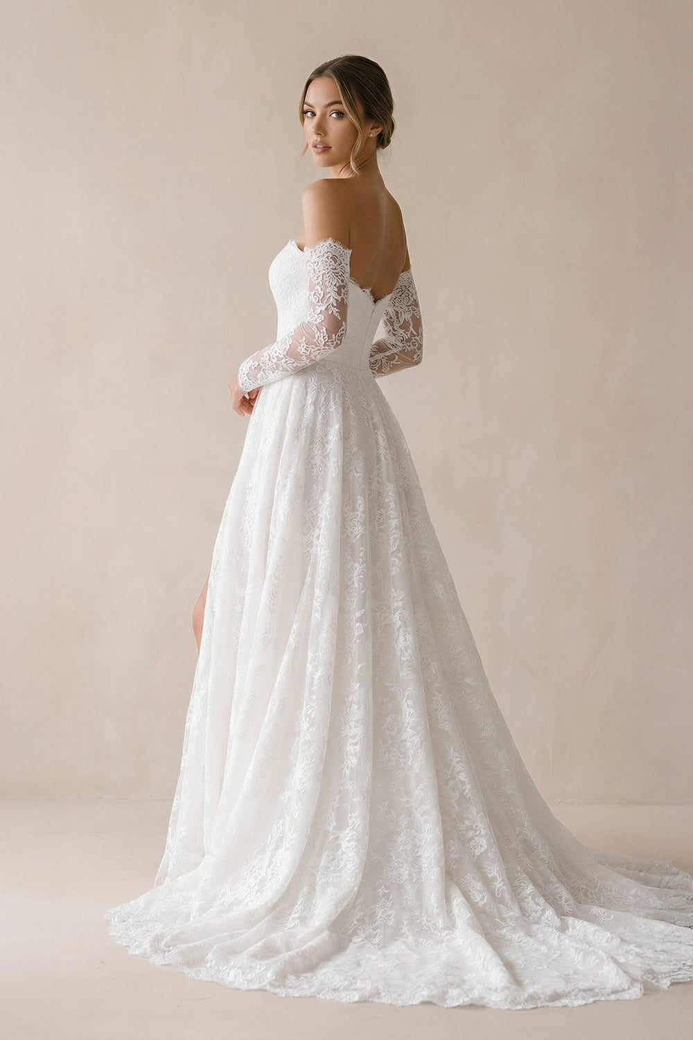 A Line Sweetheart Lace Wedding Dress With Slit in White - SHE IS ME Wedding Dresses