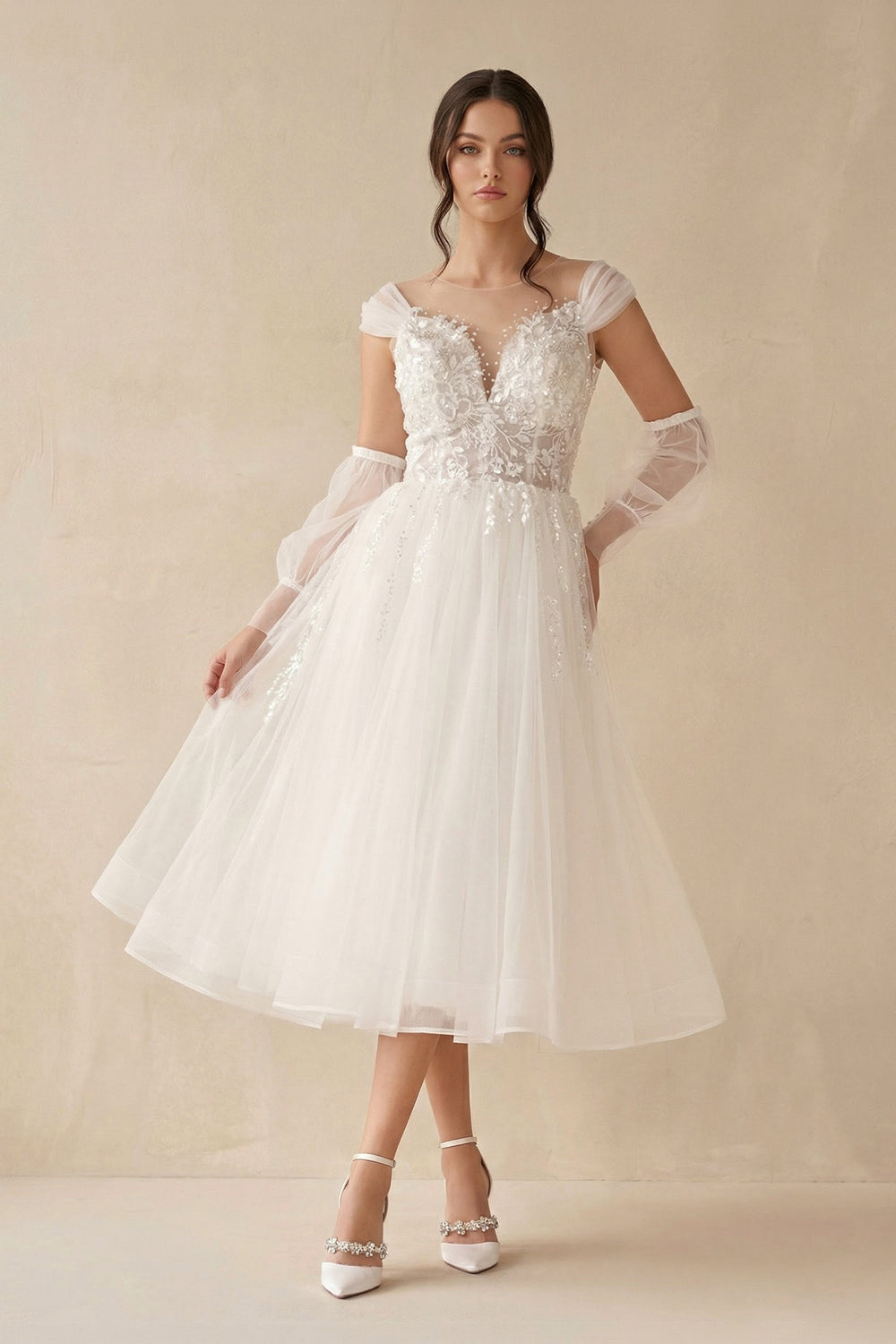 A-Line Long Sleeves Tulle Wedding Dresses With Appliques - SHE IS ME WEDDING DRESSES
