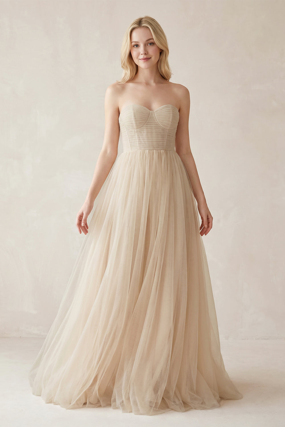 A - Line Sweetheart Tulle Long Wedding Dresses in Ivory - SHE IS ME Wedding Dresses
