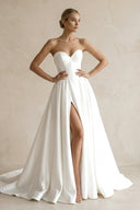 A - Line Sweetheart White Satin Wedding Dresses With Slit - SHE IS ME Wedding Dresses