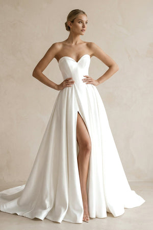 A - Line Sweetheart White Satin Wedding Dresses With Slit - SHE IS ME Wedding Dresses