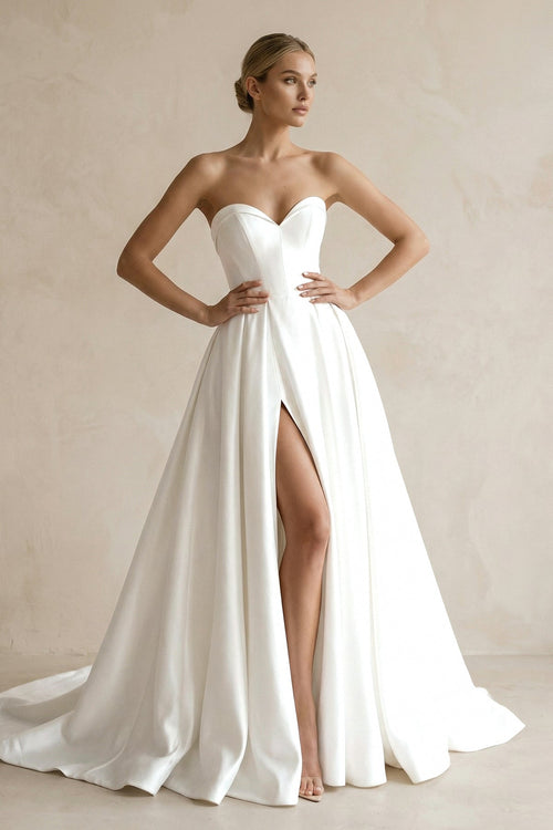 A - Line Sweetheart White Satin Wedding Dresses With Slit - SHE IS ME Wedding Dresses