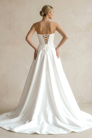 A - Line Sweetheart White Satin Wedding Dresses With Slit - SHE IS ME Wedding Dresses