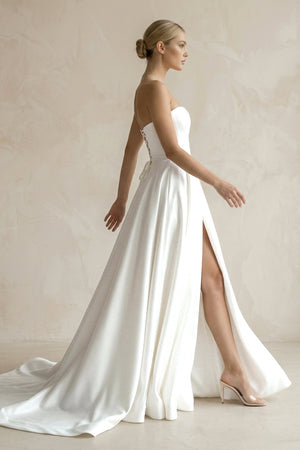 A - Line Sweetheart White Satin Wedding Dresses With Slit - SHE IS ME Wedding Dresses