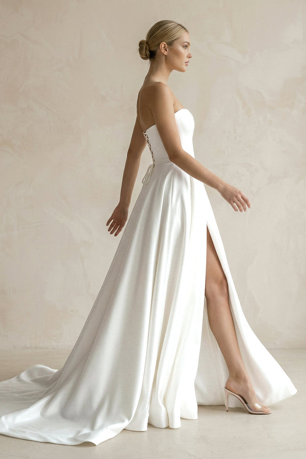 A - Line Sweetheart White Satin Wedding Dresses With Slit - SHE IS ME Wedding Dresses