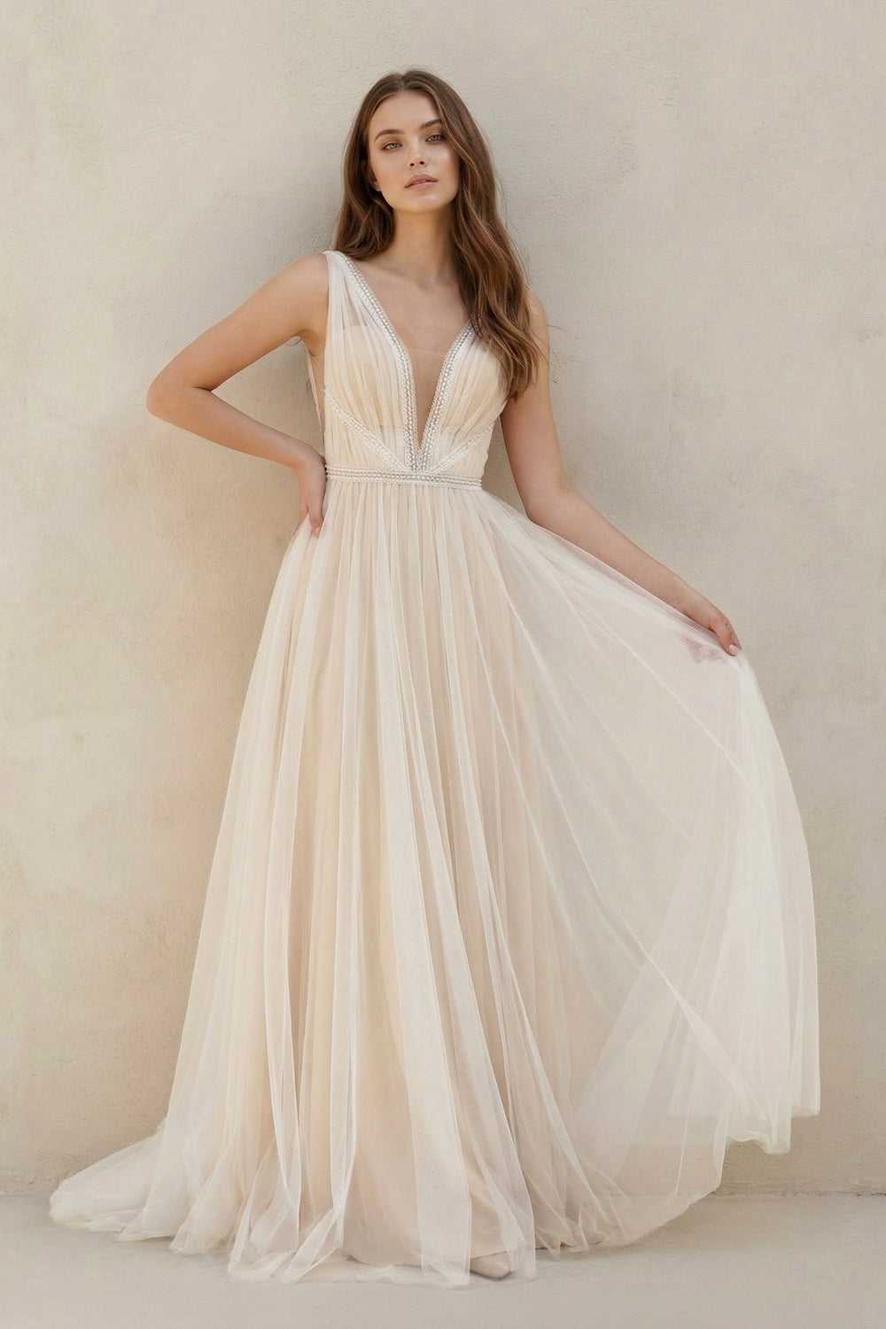A-Line Tulle V-Neck Wedding Dress With Sequin in White and Nude - SHE IS ME WEDDING DRESSES