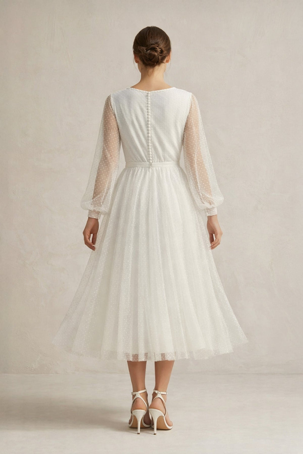 A Line Tulle Long Sleeves Wedding Dress in Ivory - SHE IS ME Wedding Dresses