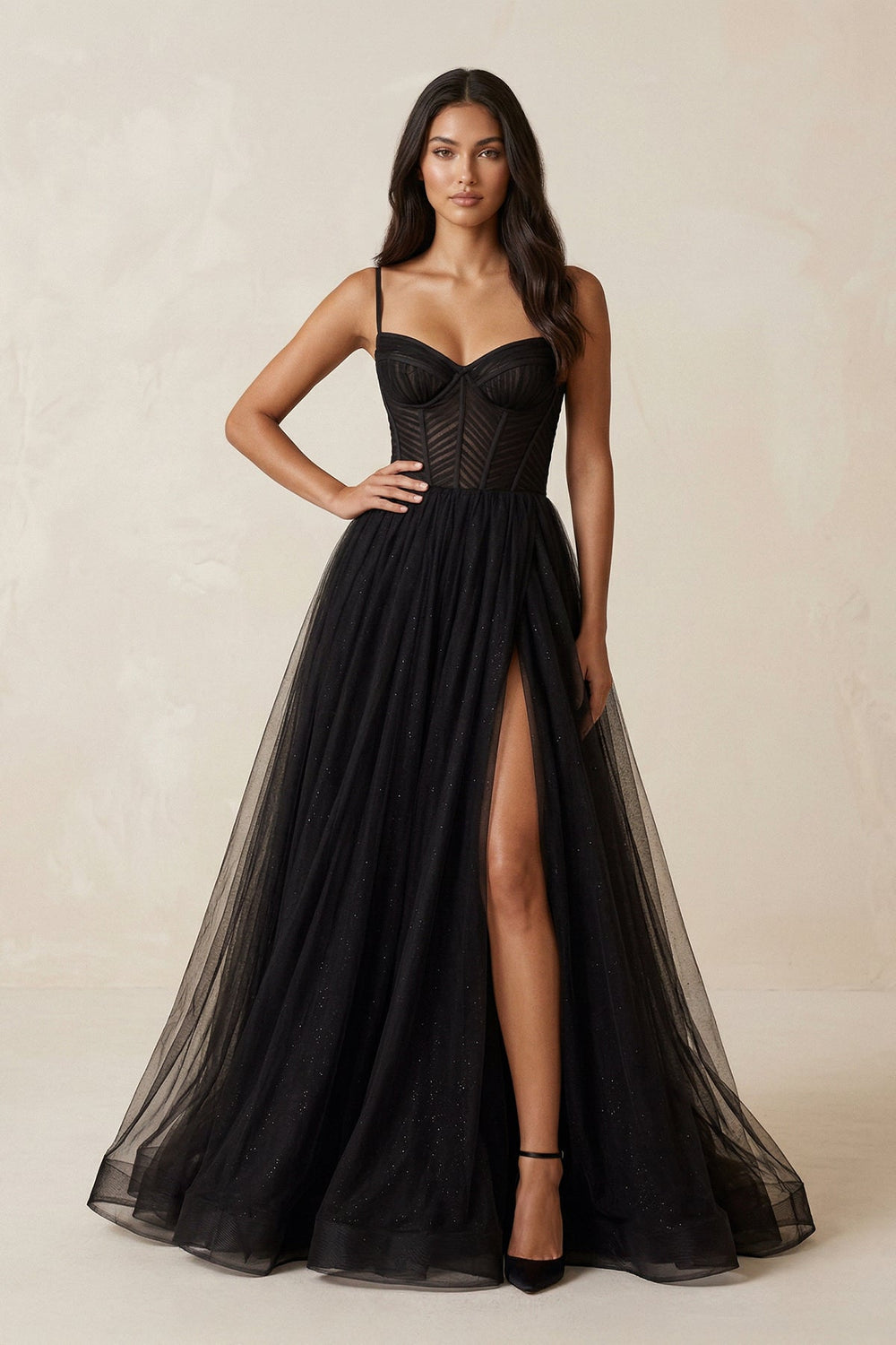 A - Line Tulle Sweetheart Corset Wedding Dress with Slit in Black - SHE IS ME Wedding Dresses