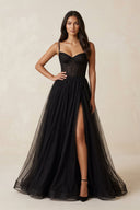 A - Line Tulle Sweetheart Corset Wedding Dress with Slit in Black - SHE IS ME Wedding Dresses