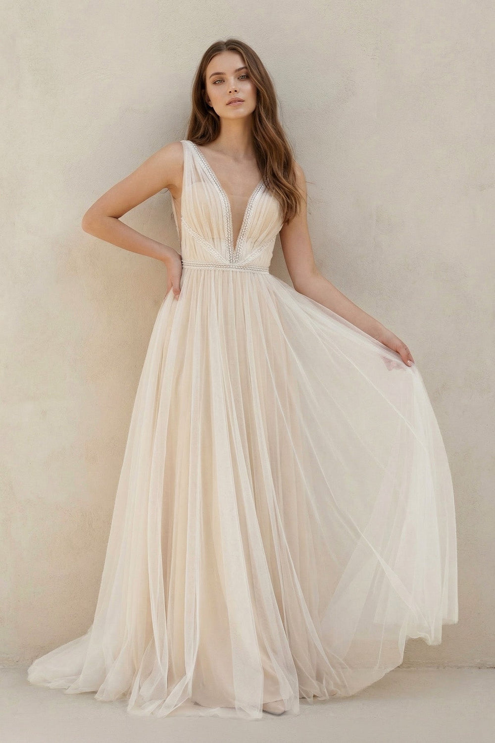 A - Line Tulle V - Neck Wedding Dress With Sequin in White and Nude - SHE IS ME Wedding Dresses