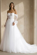 A Line Tulle Wedding Dress With Appliques in White - SHE IS ME Wedding Dresses