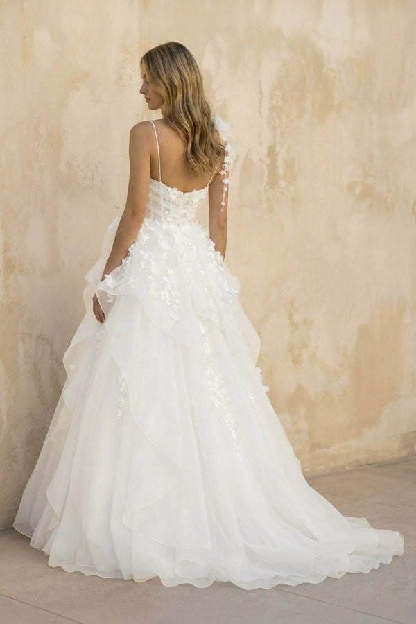 A Line Tulle Wedding Dress With Floral in White - SHE IS ME Wedding Dresses