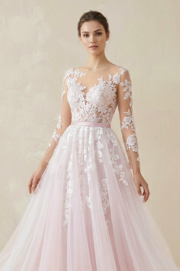 A - Line Tulle Wedding Dresses with Lace Appliques - SHE IS ME Wedding Dresses