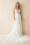A Line V Neck Chiffon Wedding Dress With Appliques in White and Nude - SHE IS ME Wedding Dresses
