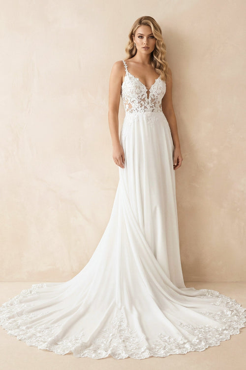 A Line V Neck Chiffon Wedding Dress With Appliques in White and Nude - SHE IS ME Wedding Dresses