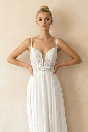 A - Line V - Neck Chiffon Wedding Dresses with Appliques in White - SHE IS ME Wedding Dresses