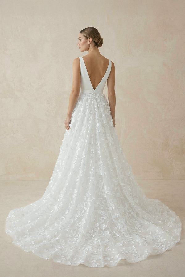 A Line V - Neck Lace Sleeveless Wedding Dresses - SHE IS ME Wedding Dresses
