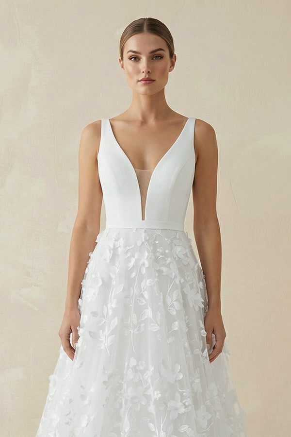 A Line V - Neck Lace Sleeveless Wedding Dresses - SHE IS ME Wedding Dresses