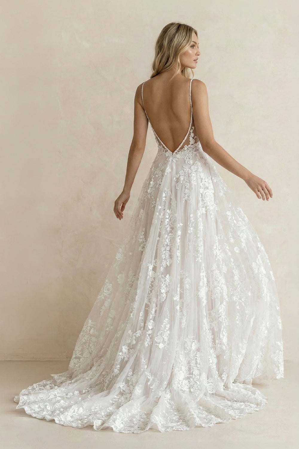 A Line V Neck Lace Wedding Dress With Slit - SHE IS ME Wedding Dresses