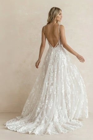 A Line V Neck Lace Wedding Dress With Slit - SHE IS ME Wedding Dresses