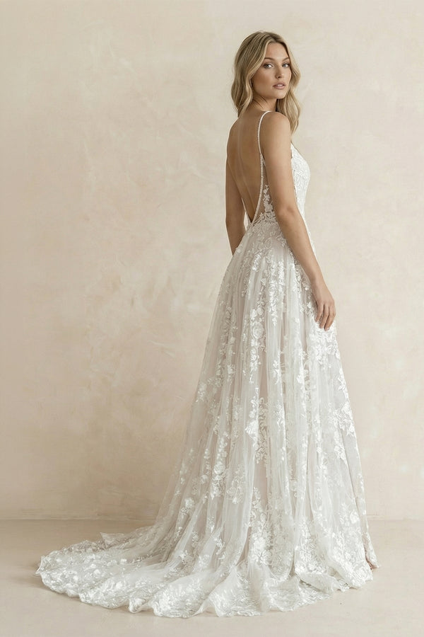 A Line V Neck Lace Wedding Dress With Slit - SHE IS ME Wedding Dresses