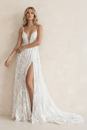 A Line V Neck Lace Wedding Dress With Slit - SHE IS ME Wedding Dresses