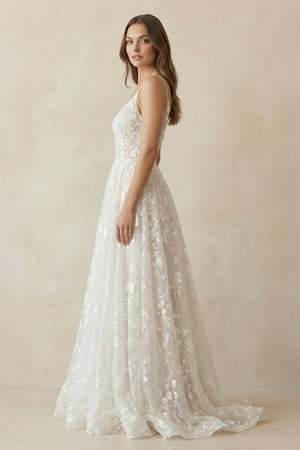 A - Line V Neck Lace Wedding Dresses in White and Nude - SHE IS ME Wedding Dresses