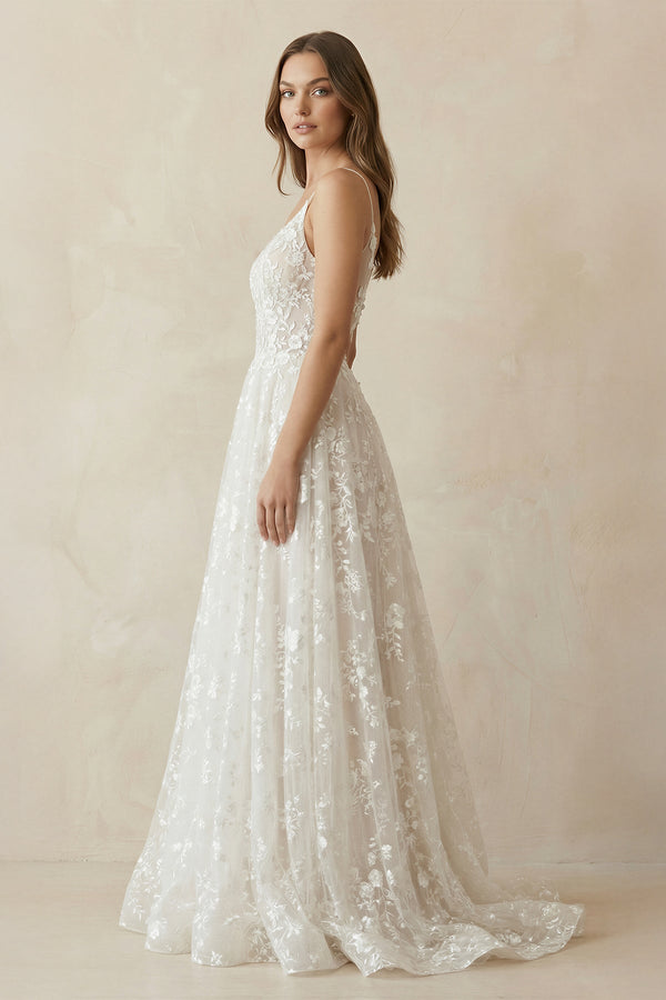 A - Line V Neck Lace Wedding Dresses in White and Nude - SHE IS ME Wedding Dresses
