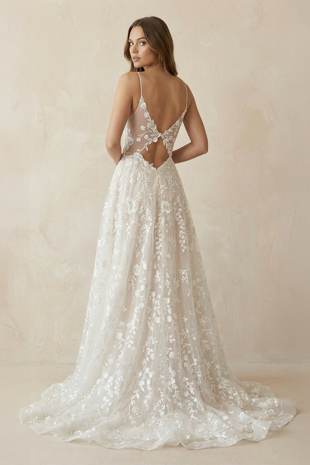 A - Line V Neck Lace Wedding Dresses in White and Nude - SHE IS ME Wedding Dresses