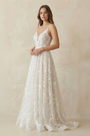 A - Line V Neck Lace Wedding Dresses in White and Nude - SHE IS ME Wedding Dresses