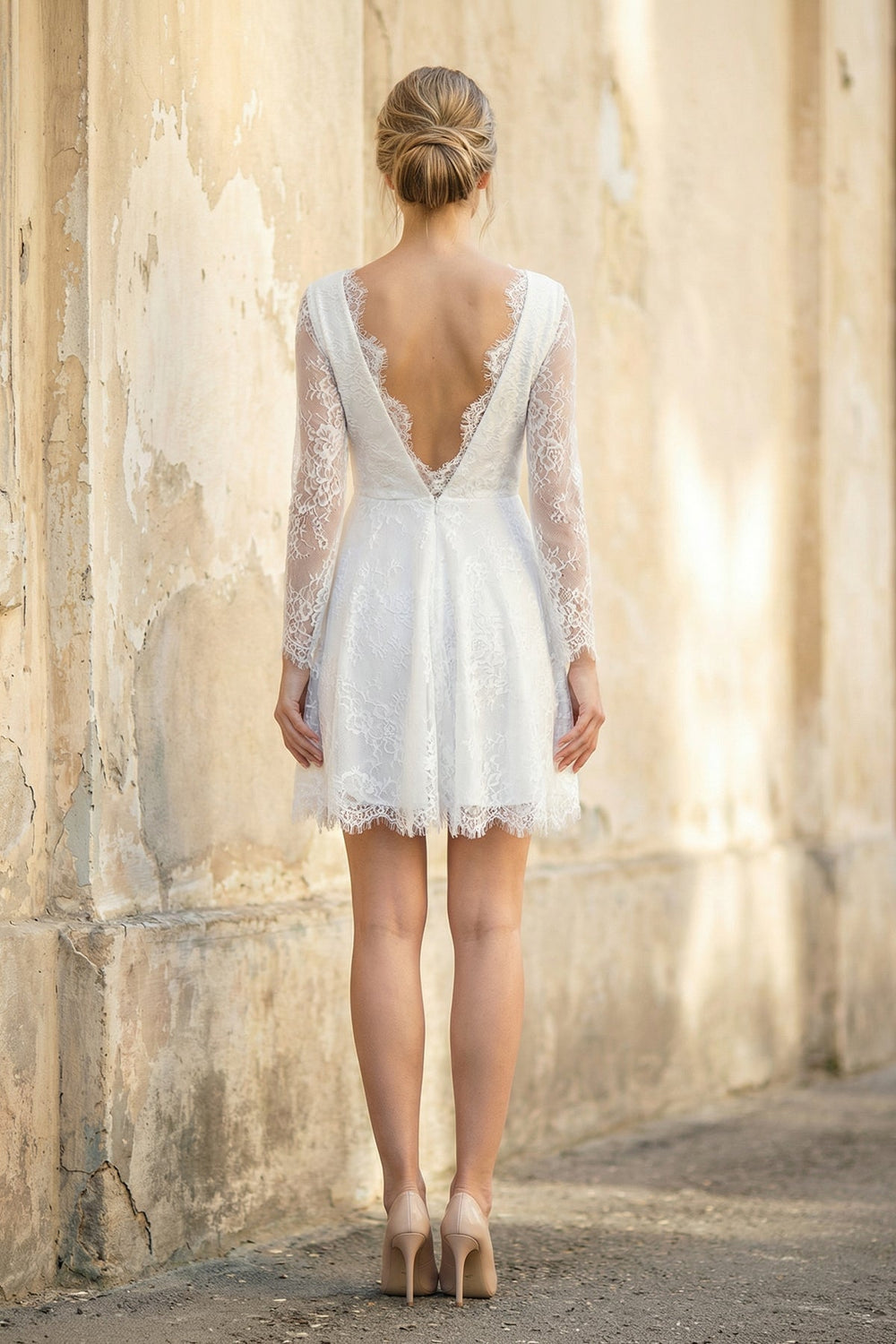 A Line V Neck Long Sleeves Lace Short Wedding Dress in White - SHE IS ME Wedding Dresses