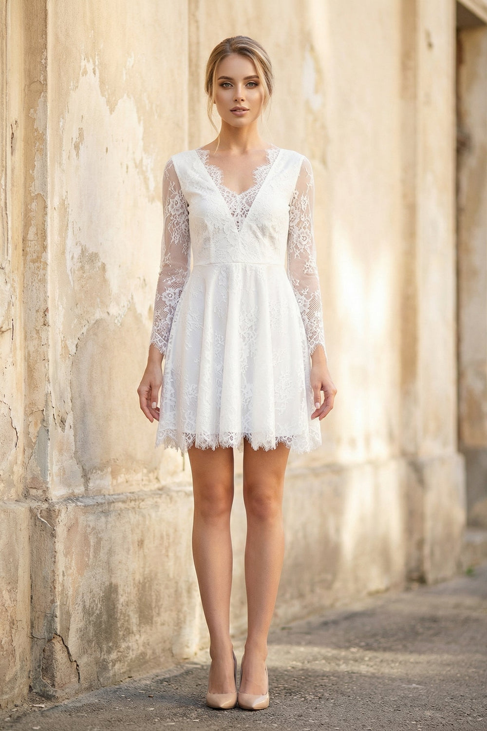 A Line V Neck Long Sleeves Lace Short Wedding Dress in White - SHE IS ME Wedding Dresses
